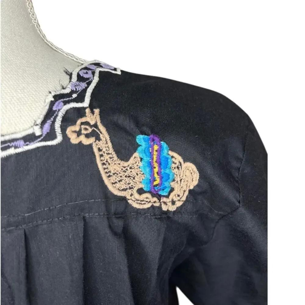 Vintage Hispanic maxi dress black Peru traditional embroidered cotton